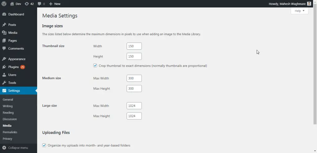 WordPress Media Image Sizes Settings